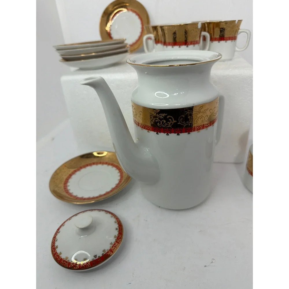 Vintage‎ Epiag Czechoslovakia Porcelain Coffee Tea Set Gold Red 13 Piece Set